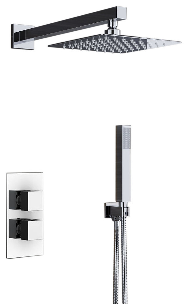 Reno Thermostatic Shower Set Ultra Thin Head, 8", Wall Mounted Shower Arm