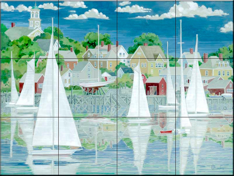 Tile Mural, Captains Harbor by Paul Brent, 17" x 12.75" (12 Tiles) Beach Style Tile Murals