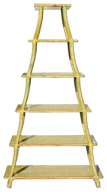 Distressed Yellow 5 Shelve Triangle Ladder Shape Bookcase Display Cabinet cs5416