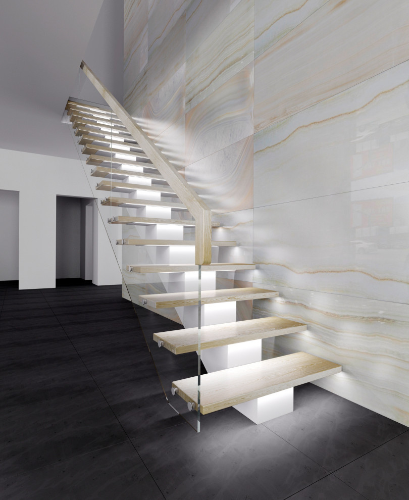 Центральный металлический каркас+ступени(Ясень)+стеклянное ограждение