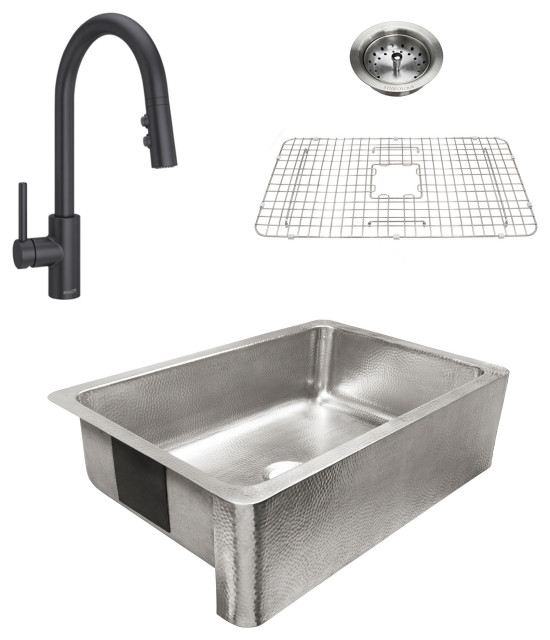 Percy 32" Farmhouse Brushed Stainless Single Bowl Kitchen Sink Kit, Black Faucet