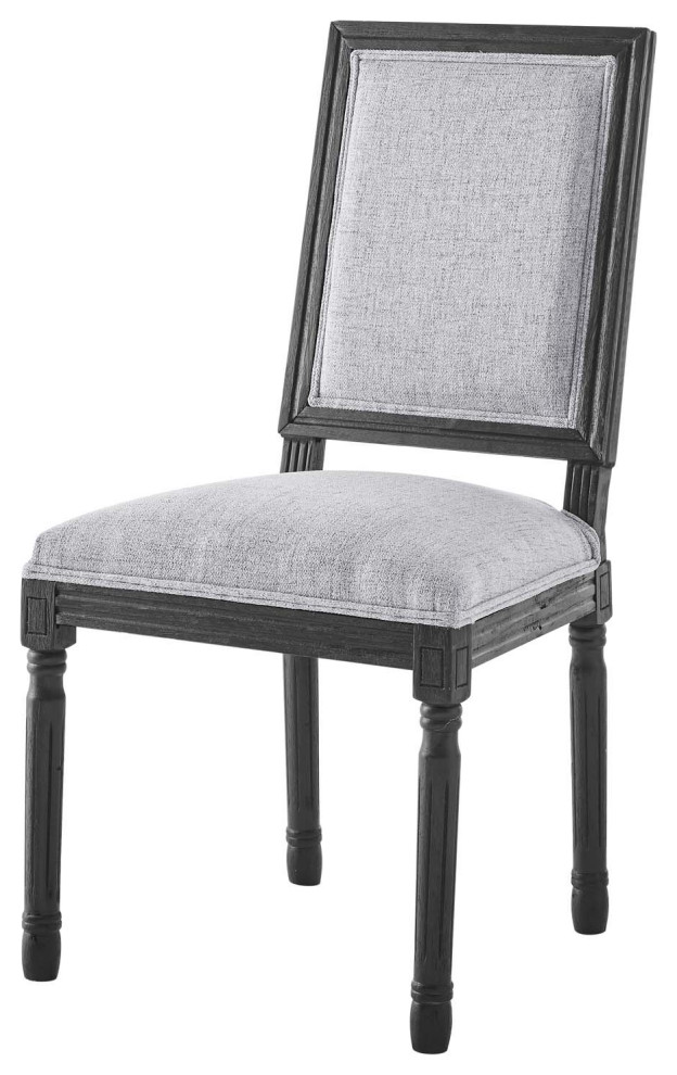 French Vintage Side Dining Chair, Fabric, Wood, Black Beige, Modern