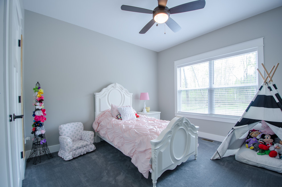 Kids' bedroom - bedroom and mid-sized transitional girl carpeted and gray floor kids' bedroom idea with gray walls
