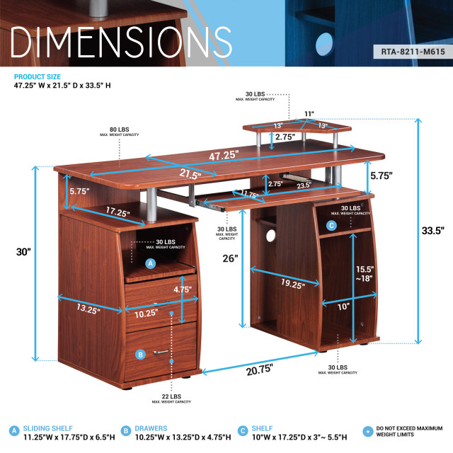 Techni Mobili Complete Computer Workstation Desk With Storage, Mahogany ...