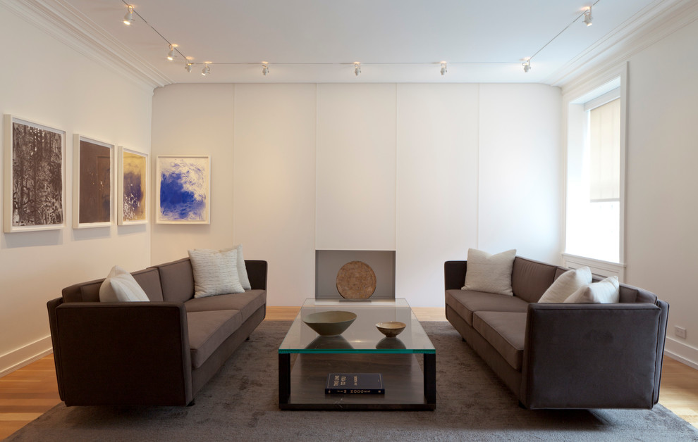 This is an example of a modern living room in Chicago with white walls and medium hardwood floors.