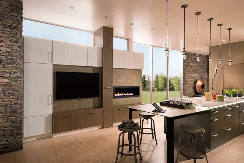 Example of a mid-sized minimalist galley light wood floor open concept kitchen design in Jackson with an undermount sink, flat-panel cabinets, black cabinets, solid surface countertops and an island