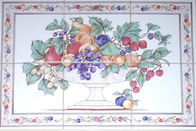 Fruit Kiln Fired Ceramic Tile Mural Backsplash Grapes Apples, 6-Piece Set