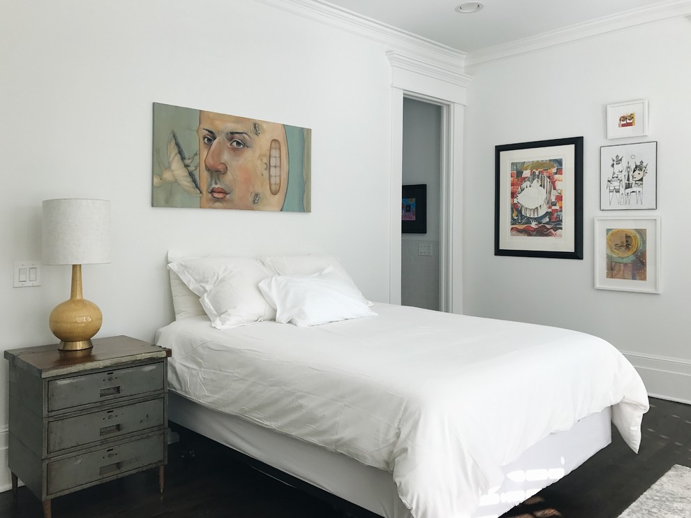 Photo of a contemporary bedroom in Other with white walls and dark hardwood floors.