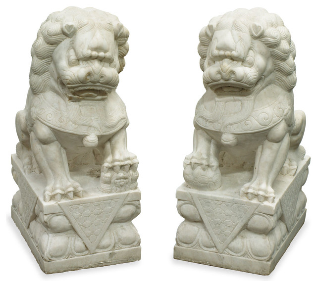 Hand Carved Marble Foo Dogs Set Of 2 Asian Outdoor Decor By Hand Carved Marble Foo Dogs Set Of 2