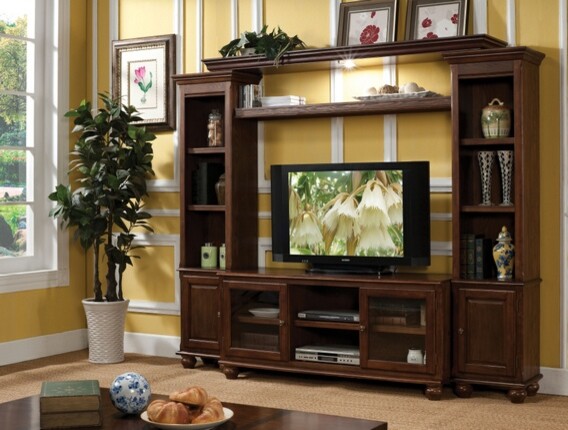 4 pc dita walnut finish wood slim profile entertainment center wall unit with tv