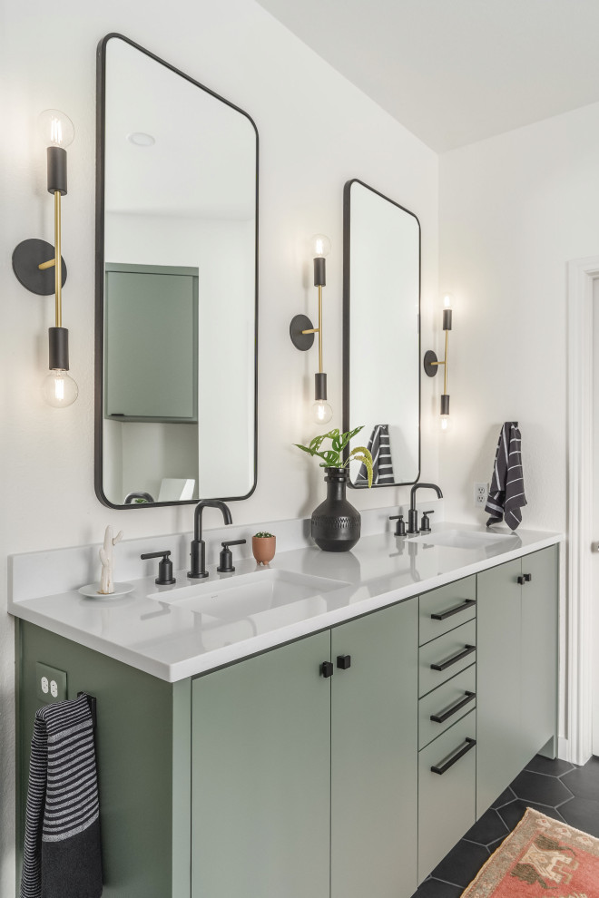 Design ideas for a large modern ensuite bathroom in Austin with flat-panel cabinets, green cabinets, a freestanding bath, all types of shower, white tiles, ceramic tiles, white walls, ceramic flooring, a built-in sink, black floors, an open shower, a wall niche, double sinks and a built in vanity unit.