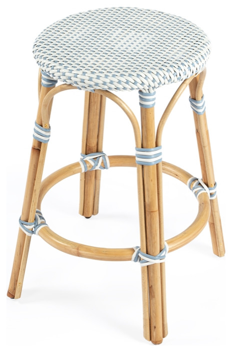 Beaumont Lane 24" Transitional Rattan Counter Stool in Sky Blue/White
