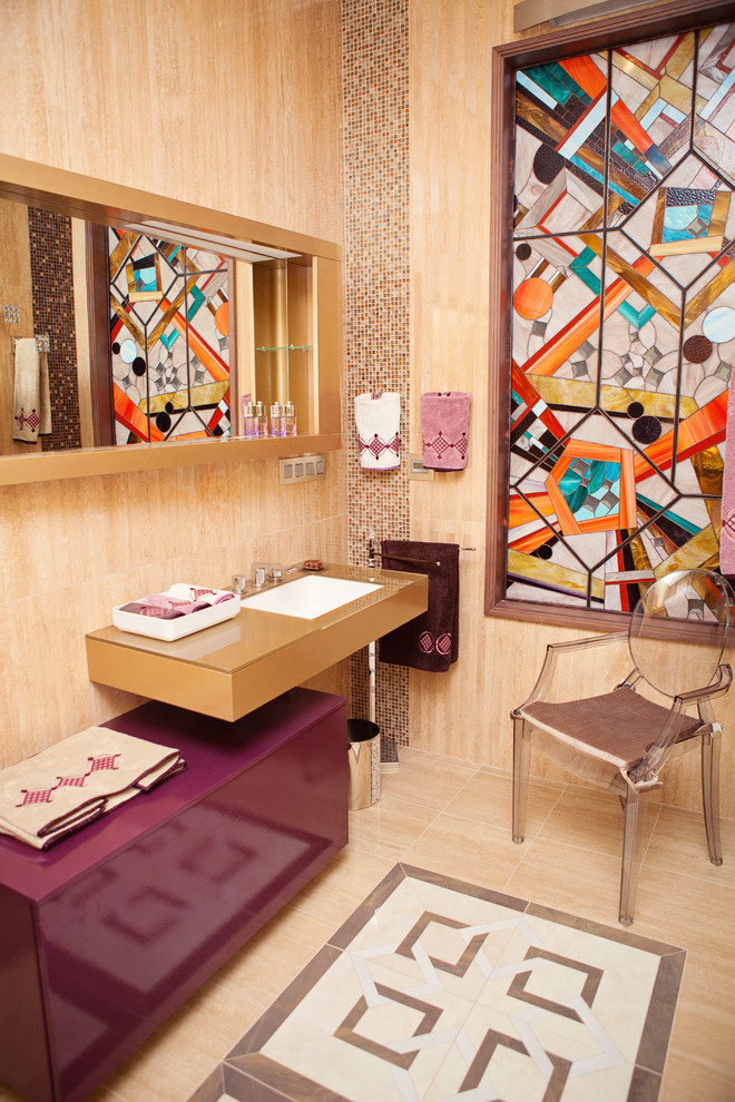 Medium sized eclectic cloakroom in Moscow with a wall-mounted sink, flat-panel cabinets, medium wood cabinets, wooden worktops, multi-coloured tiles, ceramic tiles, beige walls and brown worktops.
