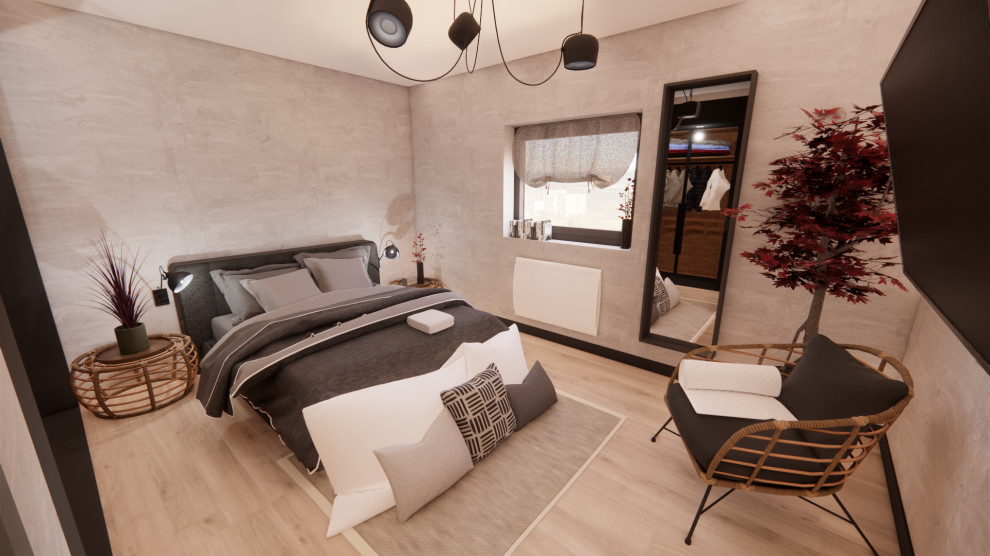 Inspiration för ett mellanstort eklektiskt sovrum, med grå väggar, ljust trägolv och beiget golv