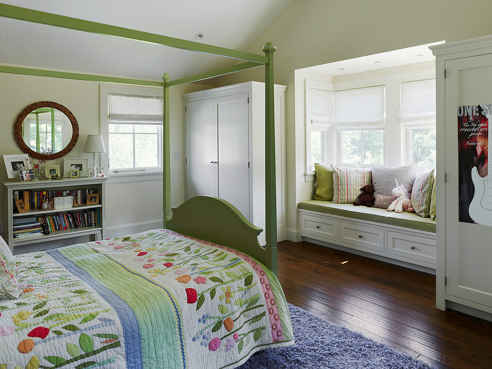 Inspiration for a traditional kids' bedroom for girls in San Francisco with white walls and dark hardwood floors.