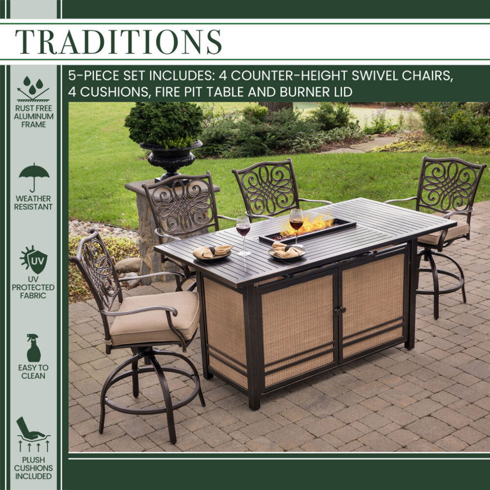 Traditions 5-Piece High-Dining Set With 30,000 BTU Fire Pit Dining Table, Tan/Br