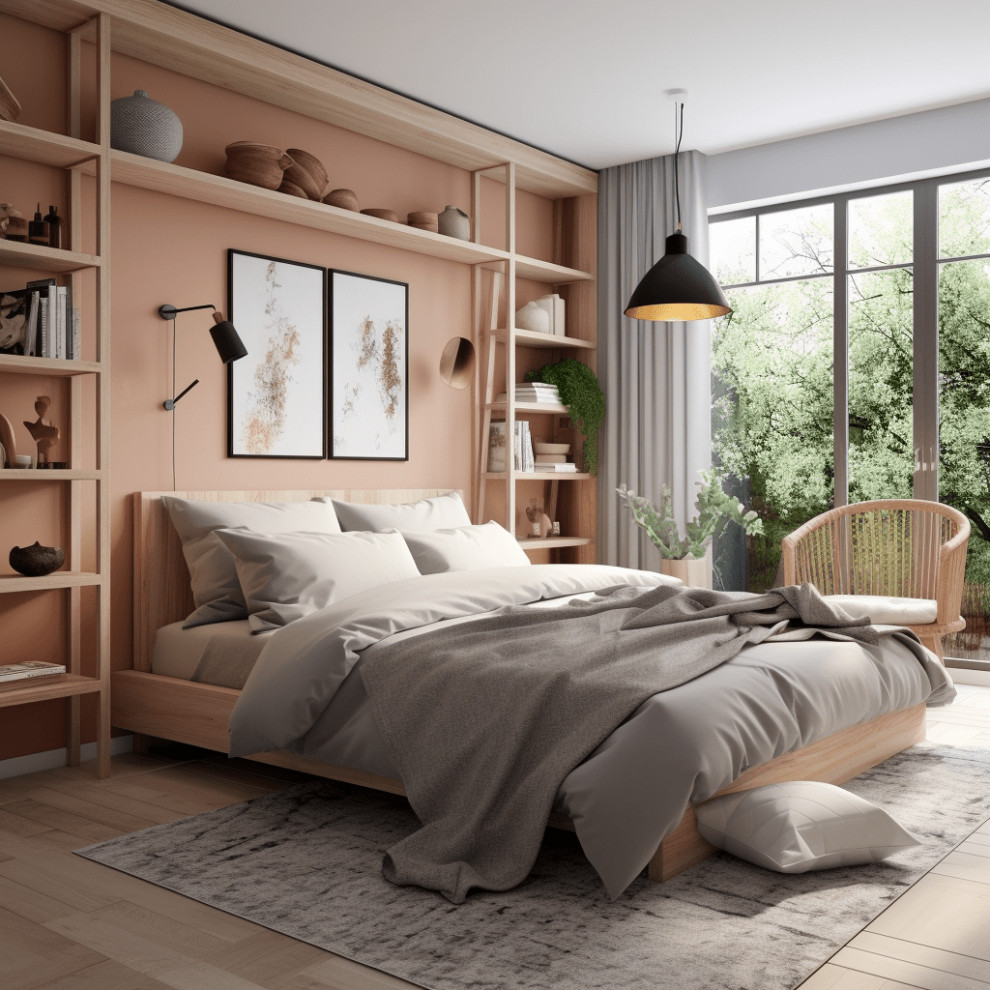 Photo of a mid-sized scandinavian master bedroom in Paris with beige walls, light hardwood floors and beige floor.