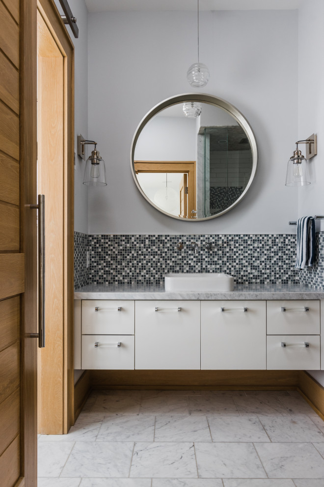 Design ideas for a beach style bathroom in Other with flat-panel cabinets, white cabinets, black and white tile, mosaic tile, grey walls, a vessel sink, white floor, grey benchtops, a single vanity and a floating vanity.