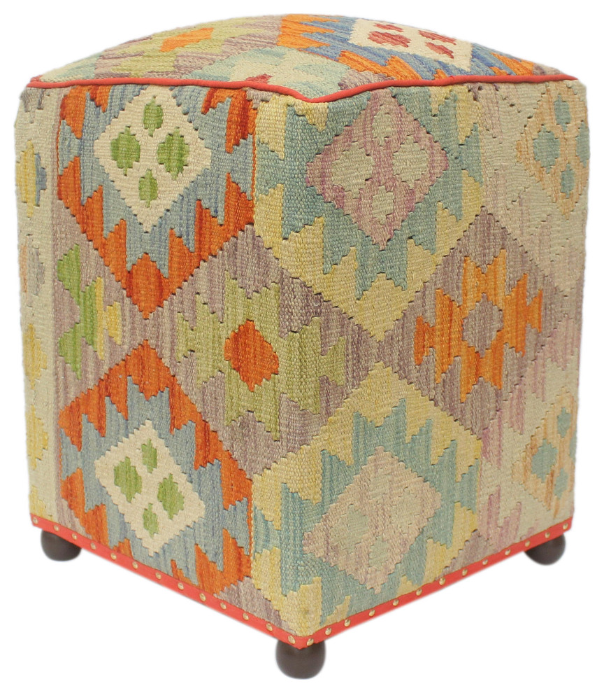 Rustic Macey Handmade Kilim Upholstered Ottoman, 15 in. x 15 in. x 21 in. Southwestern