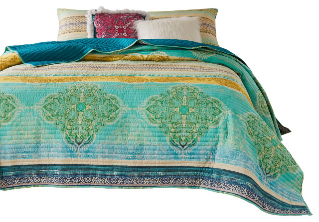 Benzara 2 Piece Bohemian Twin Quilt Set, Medallion, Paisley, Blue ...