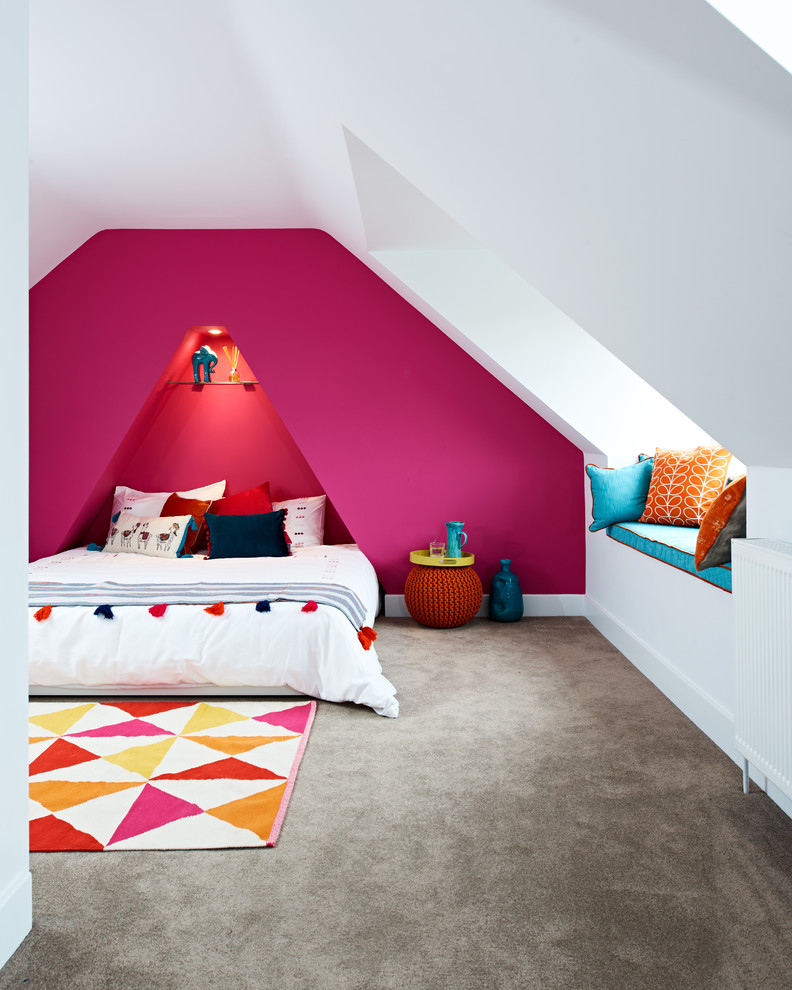 Mid-sized contemporary master bedroom in Berkshire with pink walls, carpet, no fireplace and grey floor.