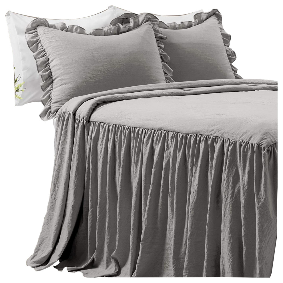Ruffle Skirt Bedspread Dark Gray 3Pc Set King Transitional