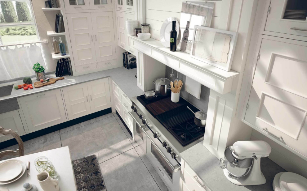Idéer för att renovera ett mellanstort vit vitt kök, med skåp i shakerstil, vita skåp, marmorbänkskiva, vitt stänkskydd, en köksö, en rustik diskho, stänkskydd i stenkakel, rostfria vitvaror, klinkergolv i keramik och grått golv
