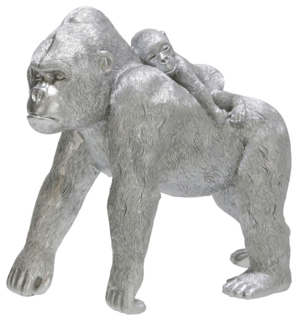 Polyresin 8" Gorilla With Baby Figurine, Silver Contemporary