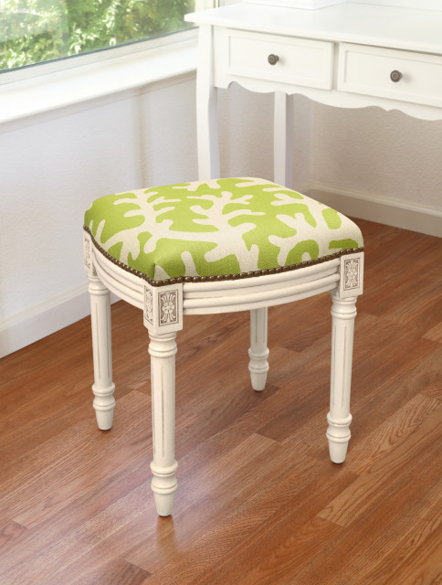 Chartreuse Coral Linen Upholstered Vanity Stool With Nailheads Beach Style Vanity Stools And