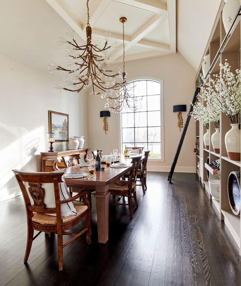 Inspiration for a large transitional dining room in New York with dark hardwood floors and black floor.