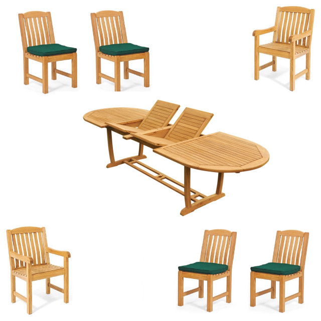 7Piece Outdoor Teak Dining Set 94" Masc Oval Extension Table, 6 Devon