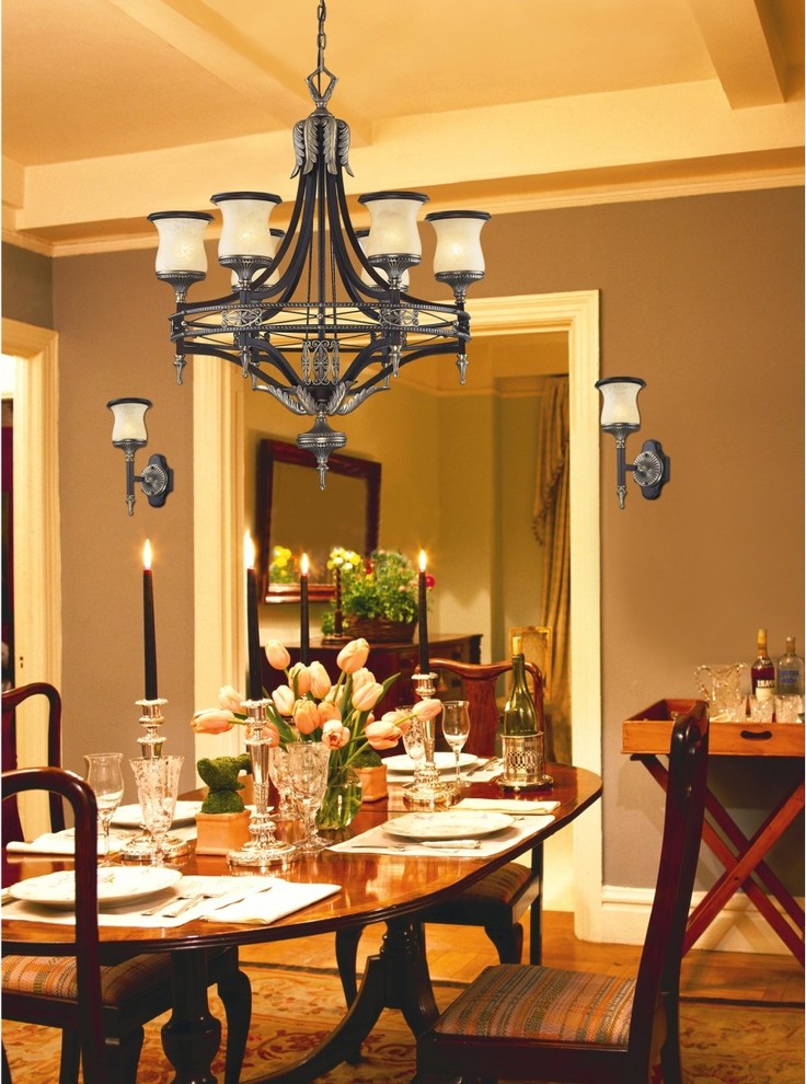 Traditional Design 6 Light Bronze Wrought Iron Dining Room Chandelier with Glass