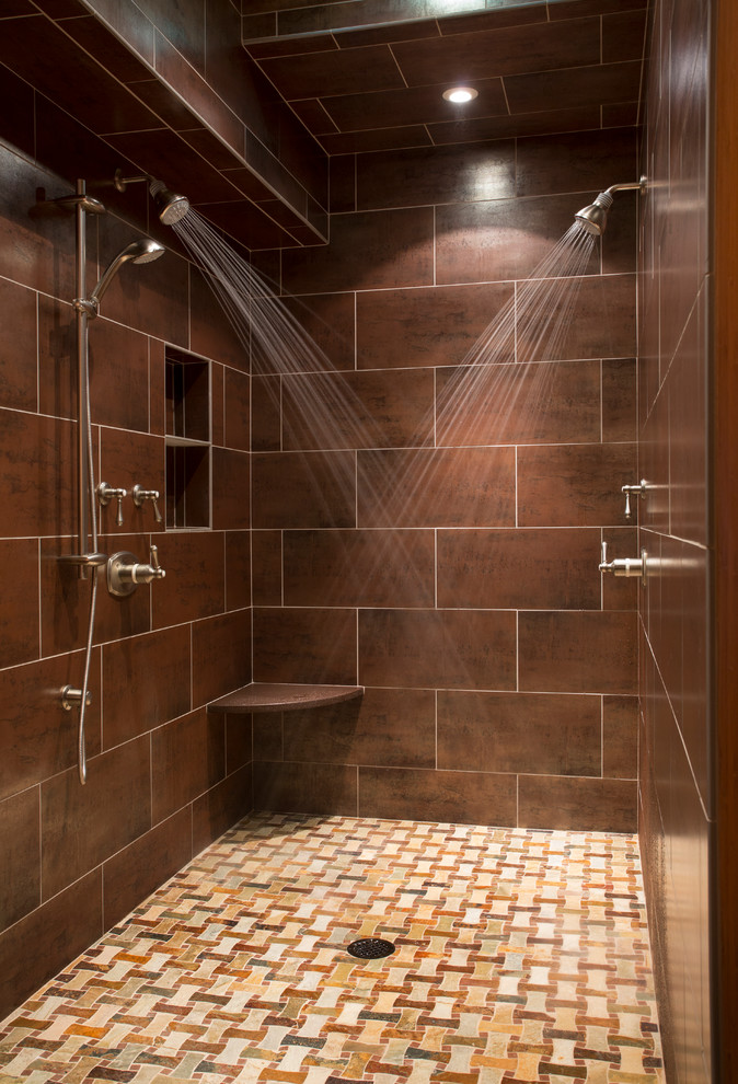 Transitional bathroom in Boston with a double shower.
