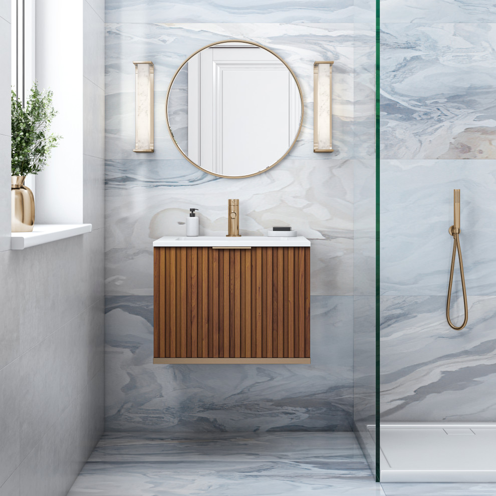 Cette photo montre une petite salle de bain scandinave avec des portes de placard marrons, meuble simple vasque et meuble-lavabo sur pied.