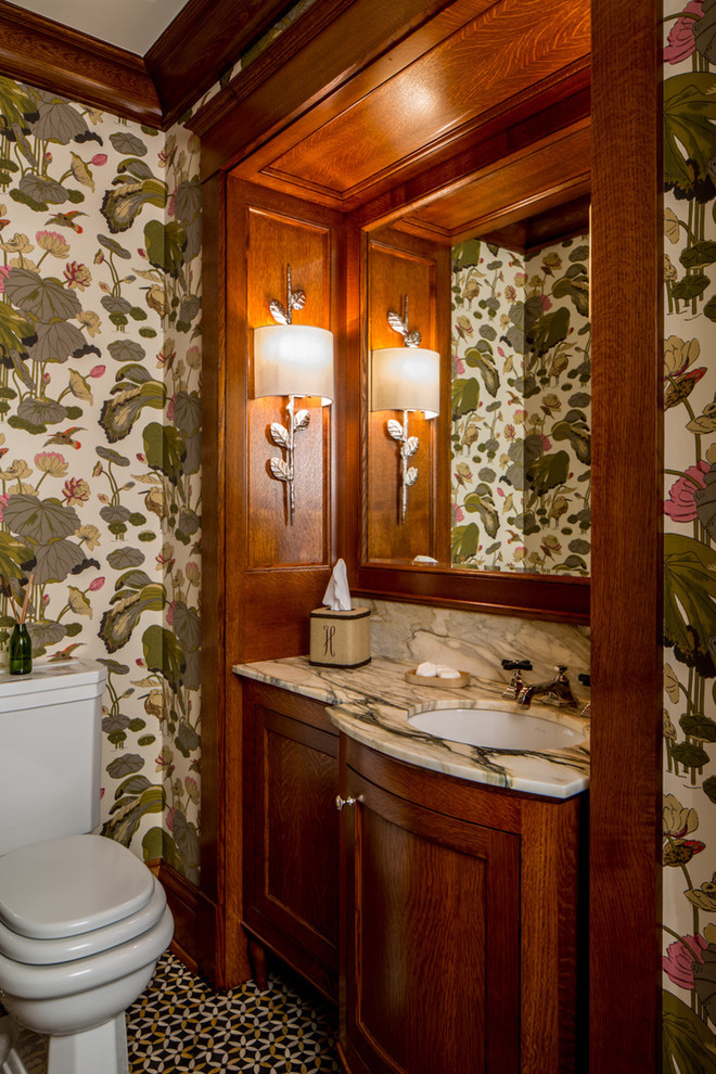 Arts and crafts powder room in Minneapolis with shaker cabinets, dark wood cabinets, a two-piece toilet, multi-coloured walls, mosaic tile floors, an undermount sink, multi-coloured floor and multi-coloured benchtops.