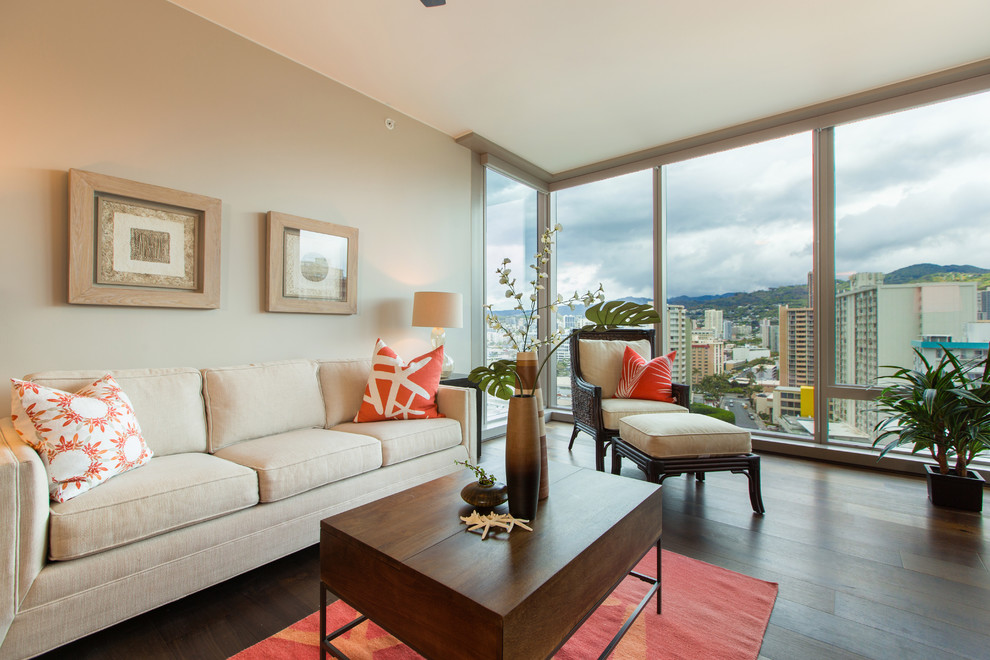 Living room - mid-sized transitional formal and open concept dark wood floor and brown floor living room idea in Hawaii with beige walls and no fireplace