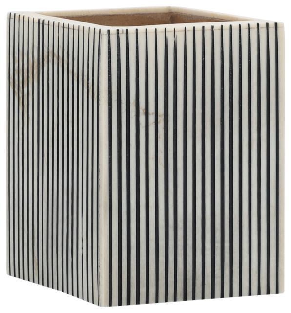 Resin, 3x4 Striped Pencil Cup, Ivory/Black, 3x3x4" Contemporary
