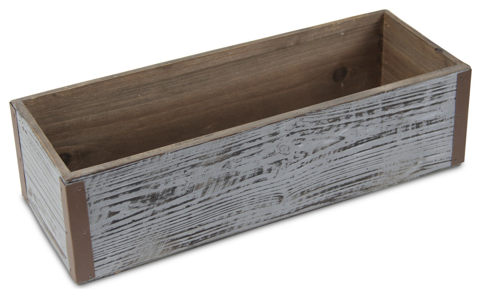 Gray Wash Wooden Rectangular Planter With Metal Corner Accents