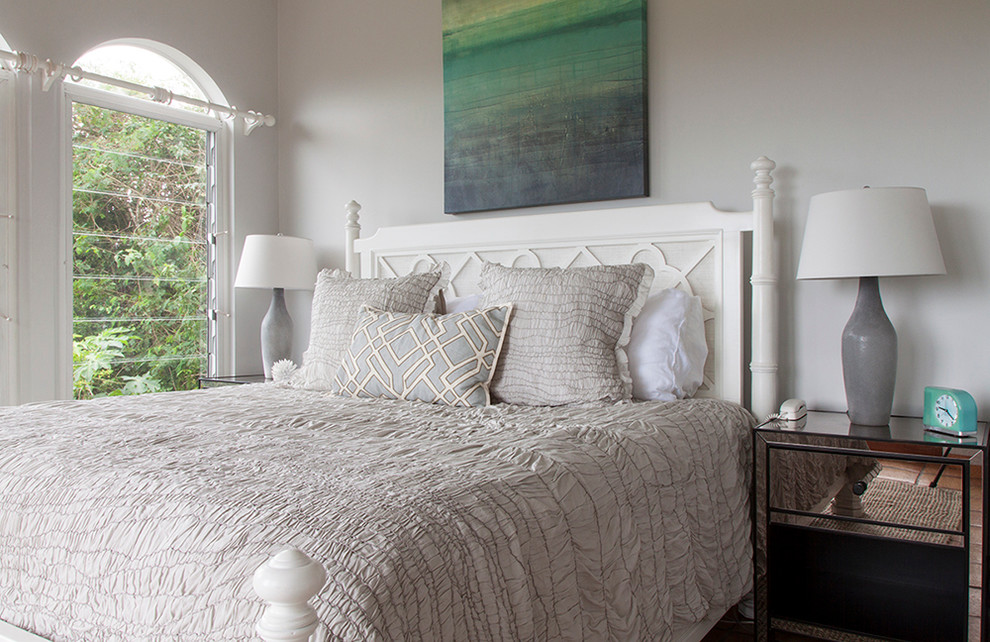 Design ideas for a mid-sized transitional master bedroom in Other with white walls.
