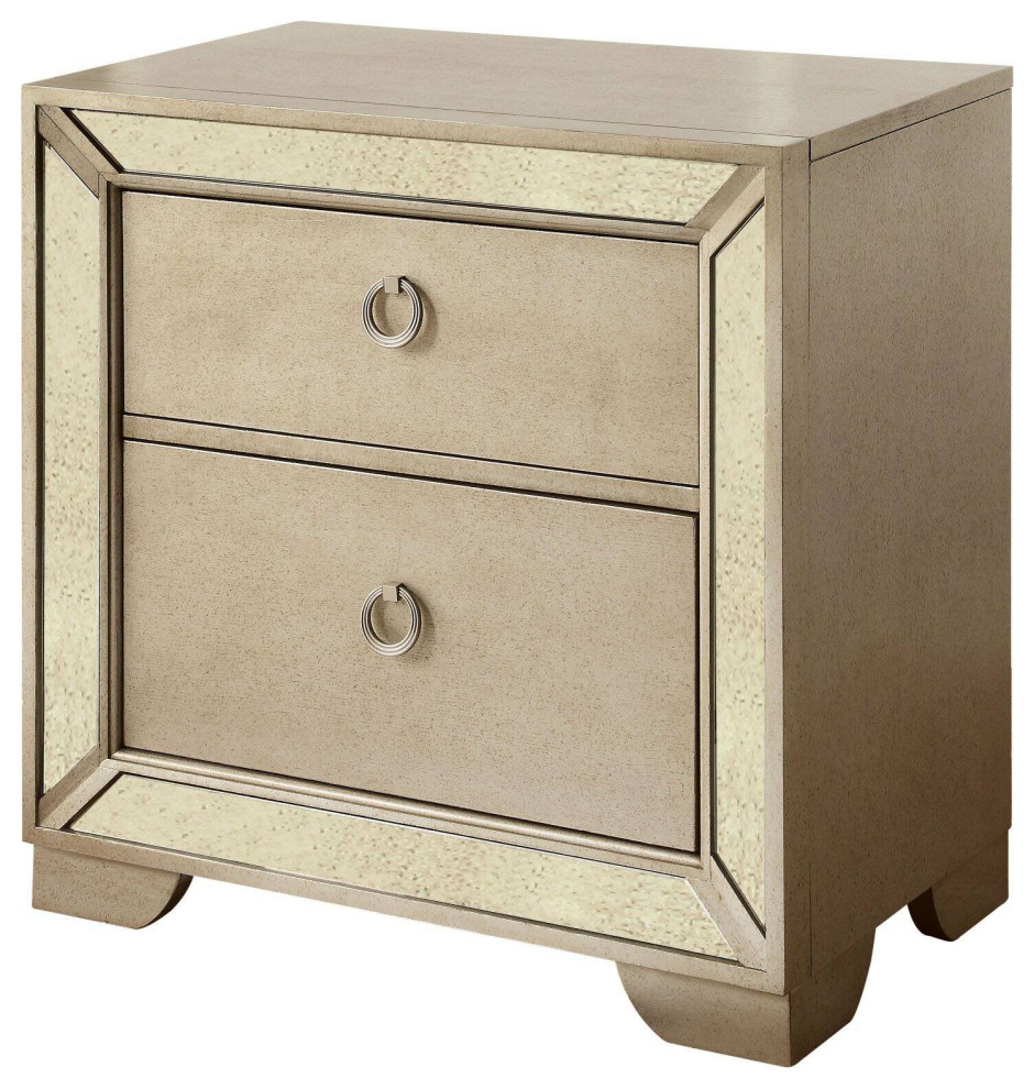 Contemporary Nightstand, Mirrored Beveled Accents & 2 Drawers With Ring