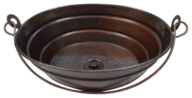 16" Aged Copper oval Copper Bucket Vessel Bathroom Sink with Drain