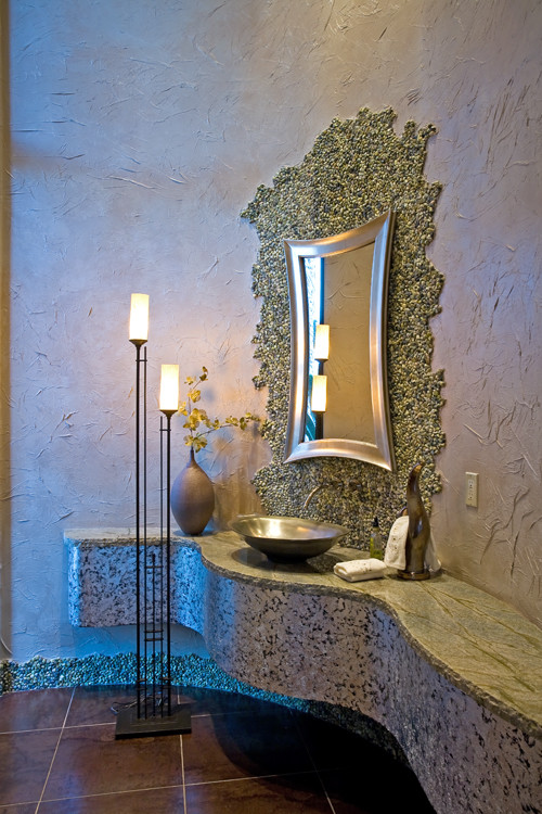 Small contemporary powder room in Phoenix with multi-coloured tile, mosaic tile, beige walls, travertine floors, a vessel sink and engineered quartz benchtops.