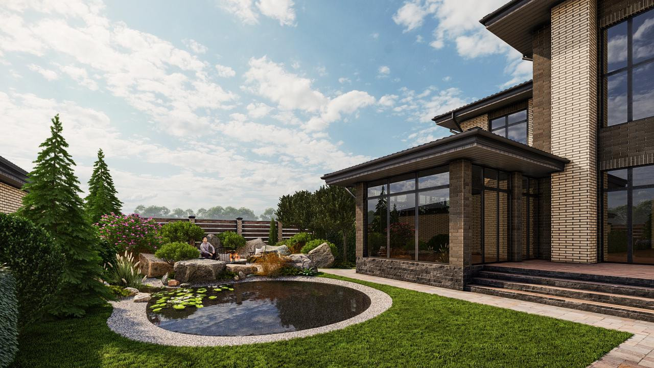 Проект по благоустройству дома с бассейном и водоемом