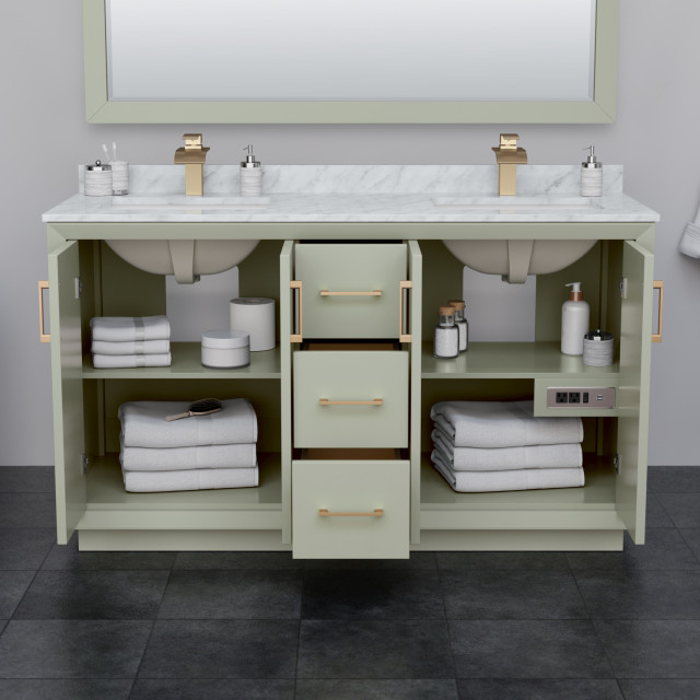 Strada 60" Double Vanity, Light Green, No Countertop, Satin Bronze Trim ...