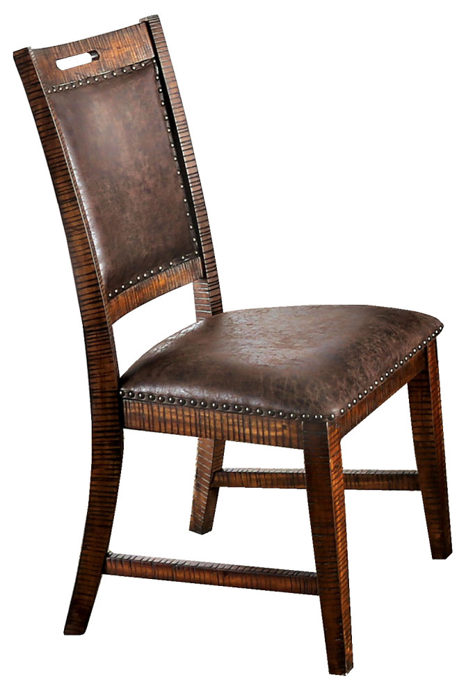 Leatherette Wooden Side Chair with Nailhead Trims, Set of 2, Brown