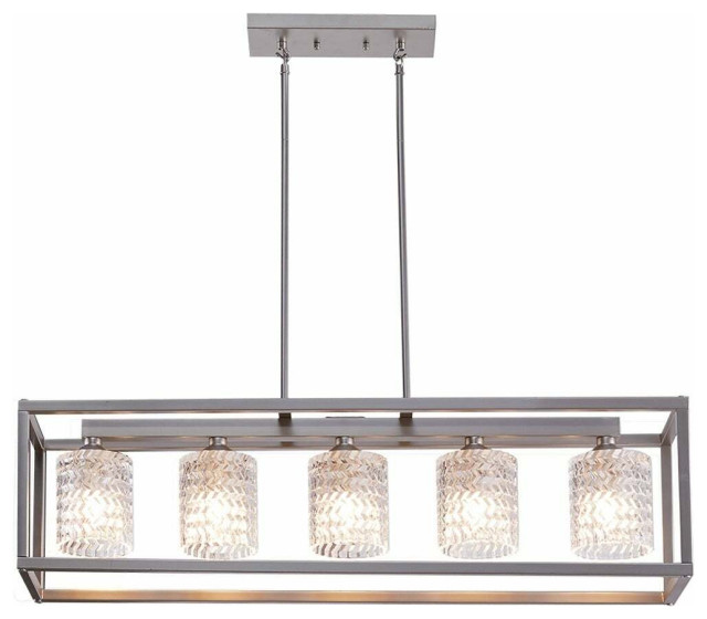 Vanity Art Elegant Cut Crystal Glass 5 Light Linear Pendant, Silver