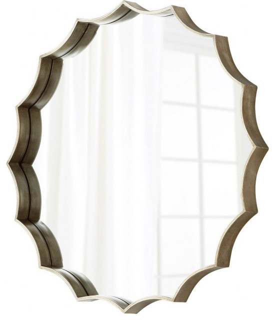 Vintage Round Wall Decor Mirror in Silver Finish Scalloped Iron Frame