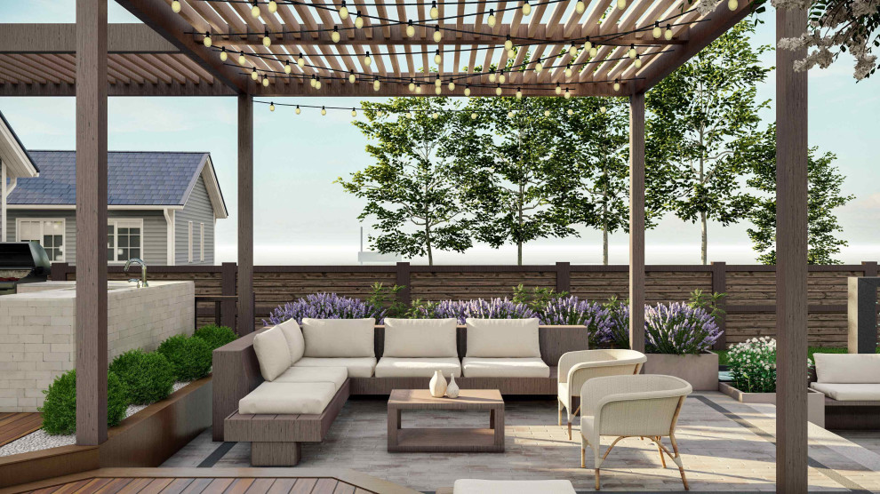 Свежая идея для дизайна: летний засухоустойчивый сад среднего размера на заднем дворе в стиле модернизм с с перголой и с деревянным забором - отличное фото интерьера