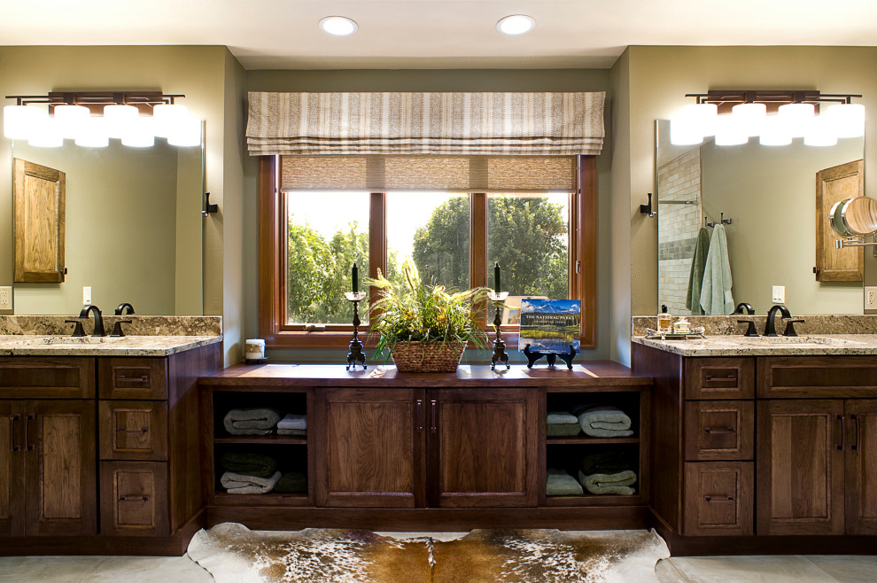 Inspiration for a large traditional master bathroom in Other with flat-panel cabinets, brown cabinets, an undermount sink, marble benchtops, brown benchtops and a double vanity.