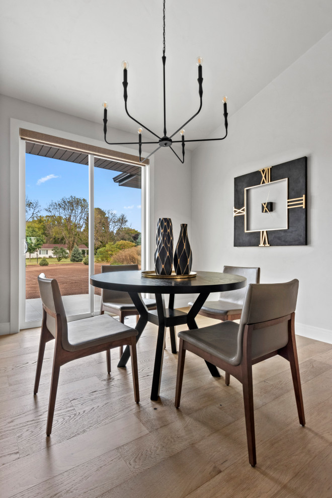 Example of a mid-sized transitional medium tone wood floor, brown floor and vaulted ceiling kitchen/dining room combo design with white walls